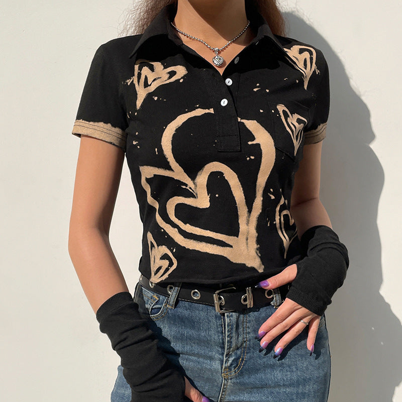 Vintage Fashion Heart Printing Short Sleeve T-shirt Turn Down Collar Streetwear Crop Top