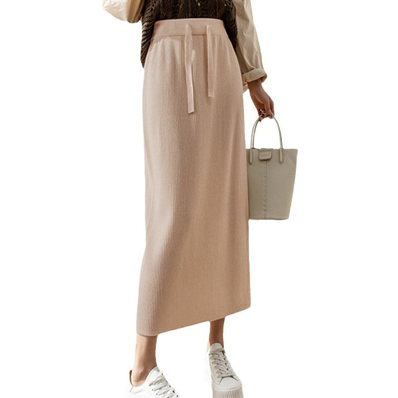 Simple Knitting Skirt High Waist Drawstring Straight