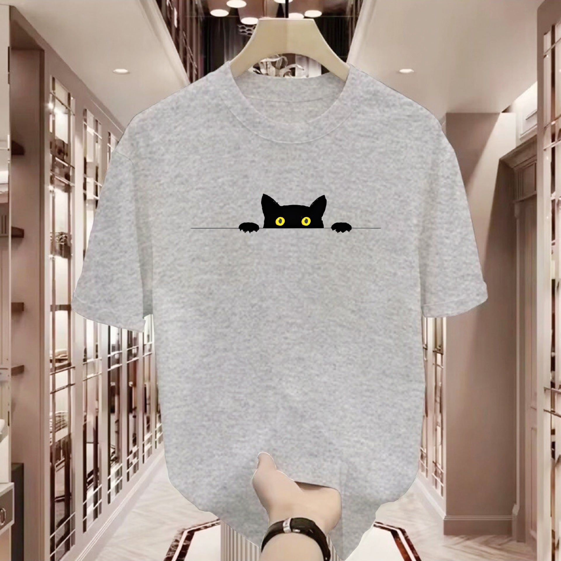 Cute Cat Print Round Neck T-shirt Short Sleeve