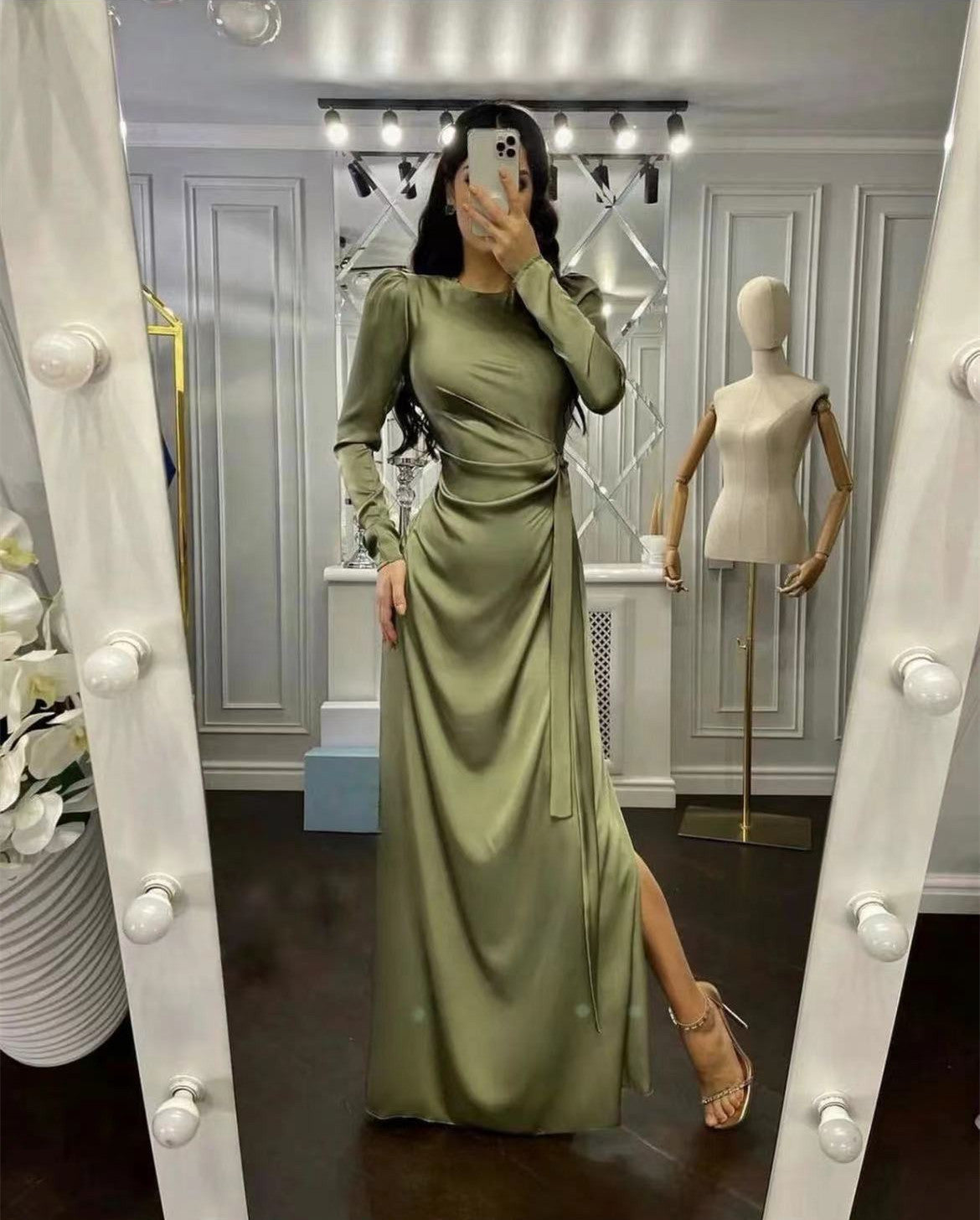 Silk Elegant Cocktail Long Sleeve Dress With Slit