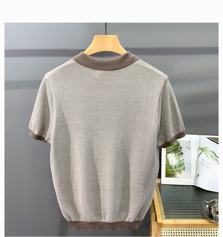 Men's Ice Silk Knitted Trendy Niche Contrast Color Lapels Short Sleeve