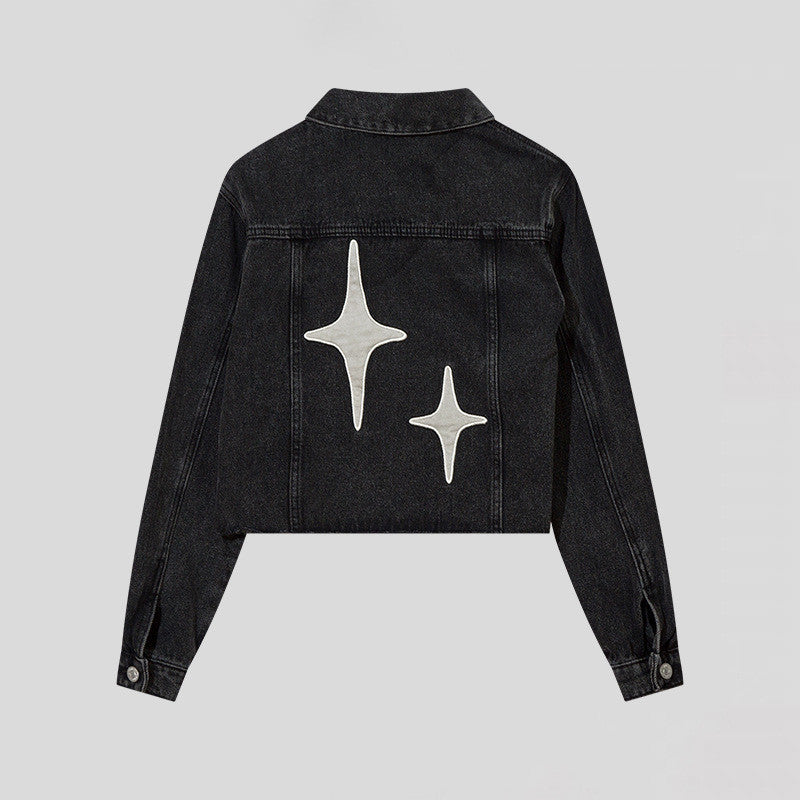 American Street Retro Twinkling Star Patch Washed Denim Jacket