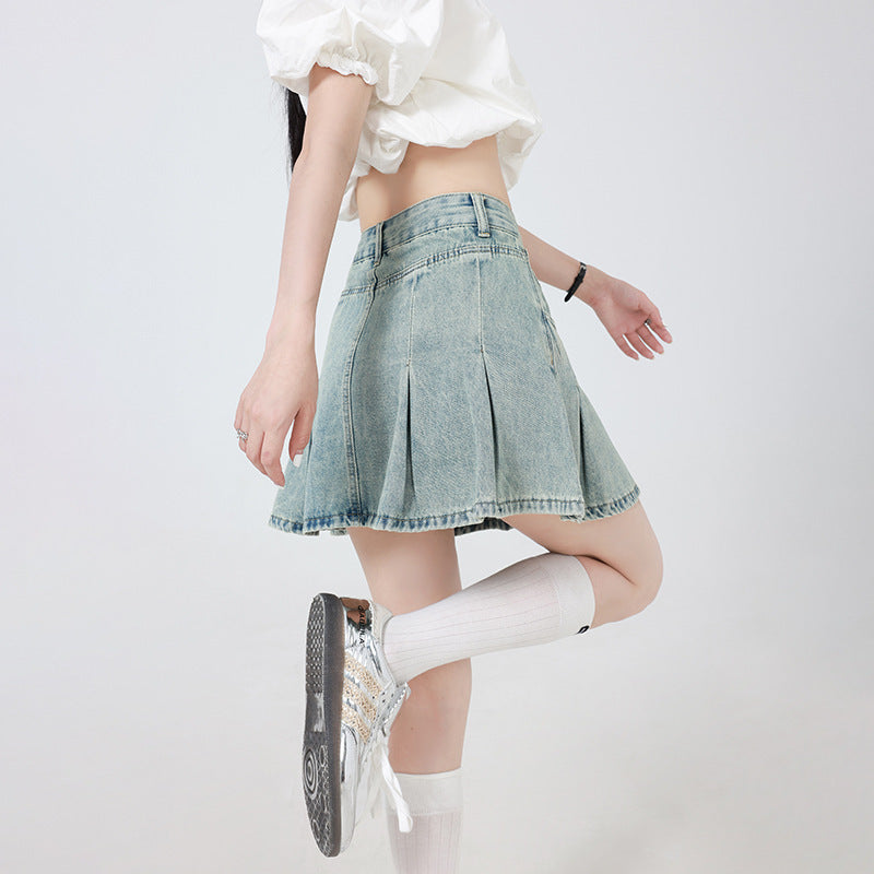 Retro High Waist Slimming Light Blue Denim Pleated Skirt