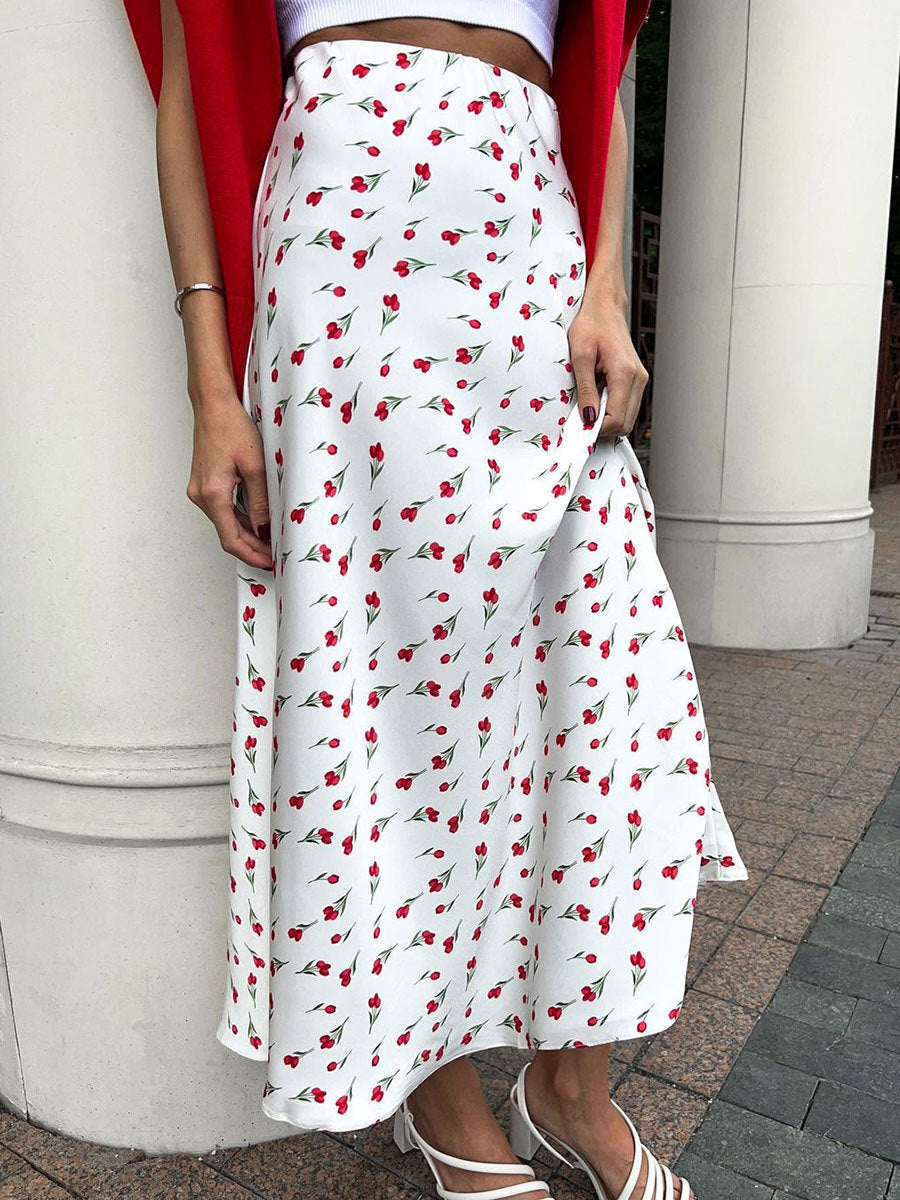 Spring Elegant High Waist A- Line Fishtail Cherry Printed Dress