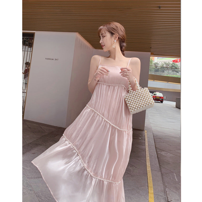 Elegant Satin Pearl Strap Pink Dress