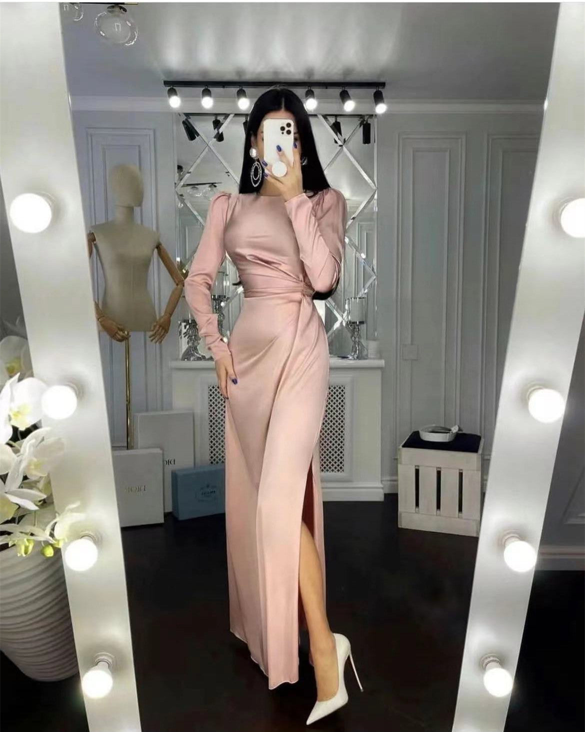 Silk Elegant Cocktail Long Sleeve Dress With Slit