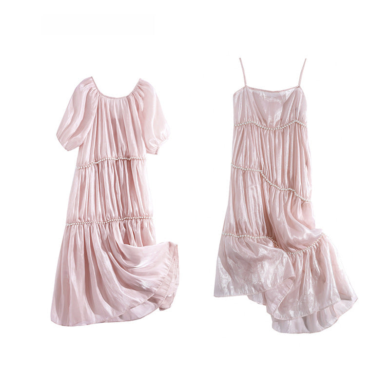 Elegant Satin Pearl Strap Pink Dress