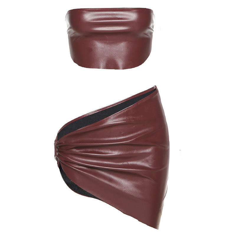 Leather Coordinate Sexy Tube Top Asymmetric Skirt