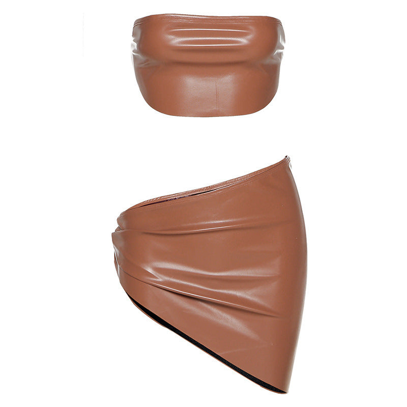 Leather Coordinate Sexy Tube Top Asymmetric Skirt