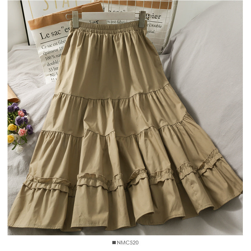 Western Style Wild Wood Ear Stitching Mid-Length A-Line Skirt Female Spring Elastic Waist Thin Solid Color Skirt