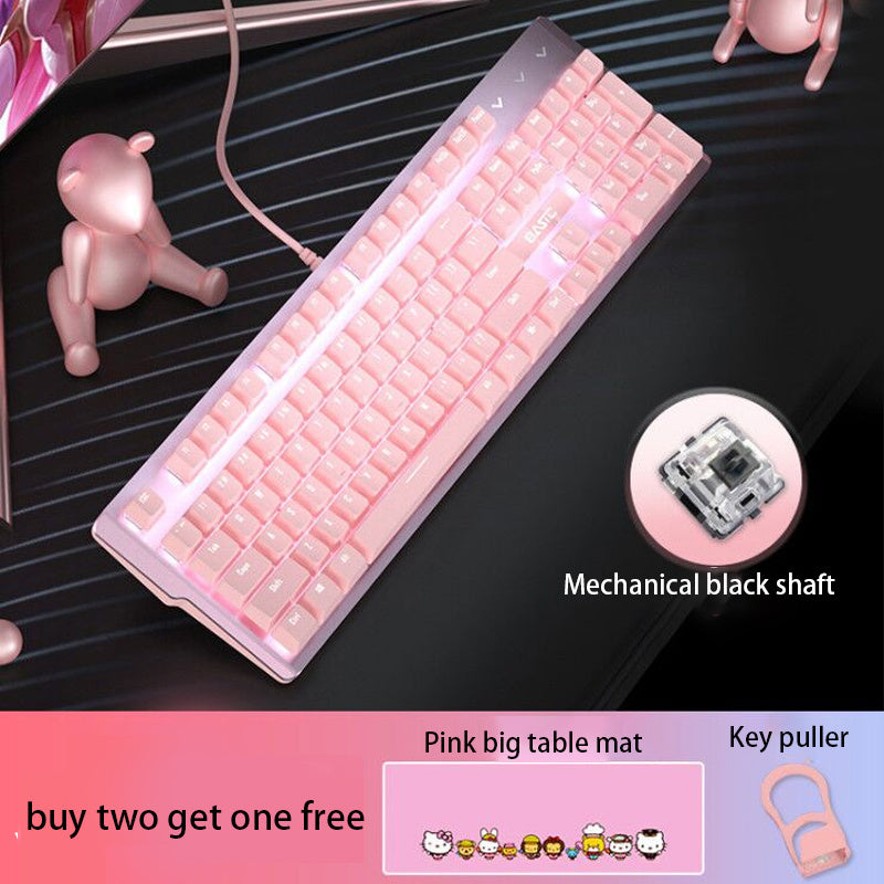 Pink Real Mechanical Keyboard And Mouse Set Girls Cute Gaming Games Dedicated Wired Green Axis Red Axis Girl Heart Luminous Wired Notebook