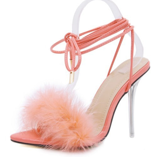 Sexy Feather Strap Transparent Crystal Pointed High Heels