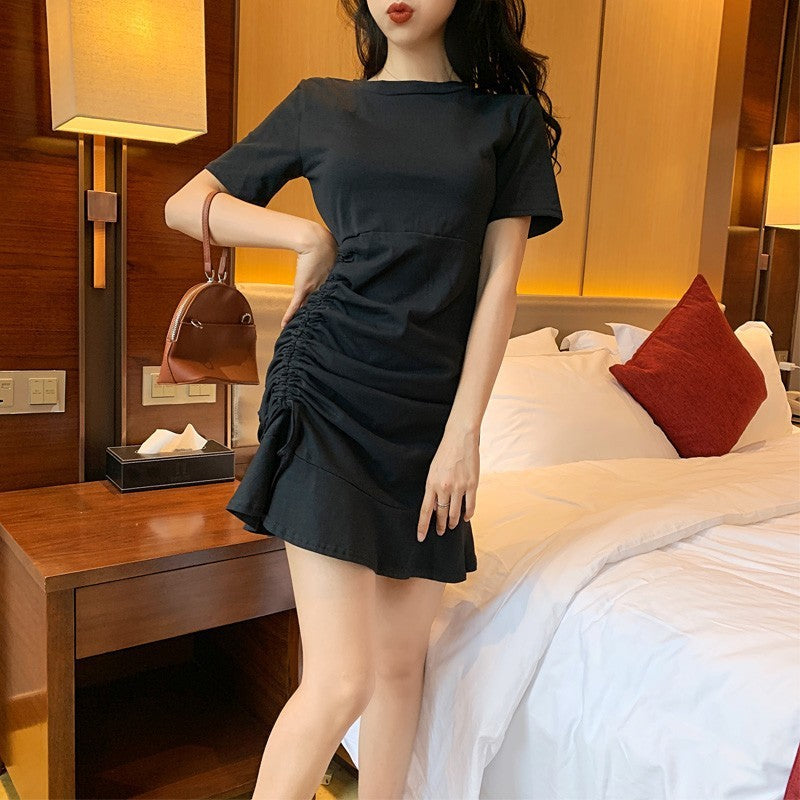 Ruffled Drawstring Dress New Short-Sleeved Sexy Dress Female High-Waist Short Skirt