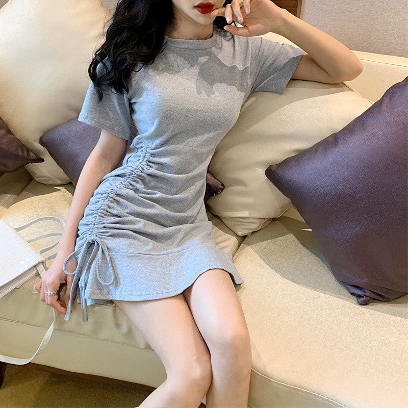 Ruffled Drawstring Dress New Short-Sleeved Sexy Dress Female High-Waist Short Skirt