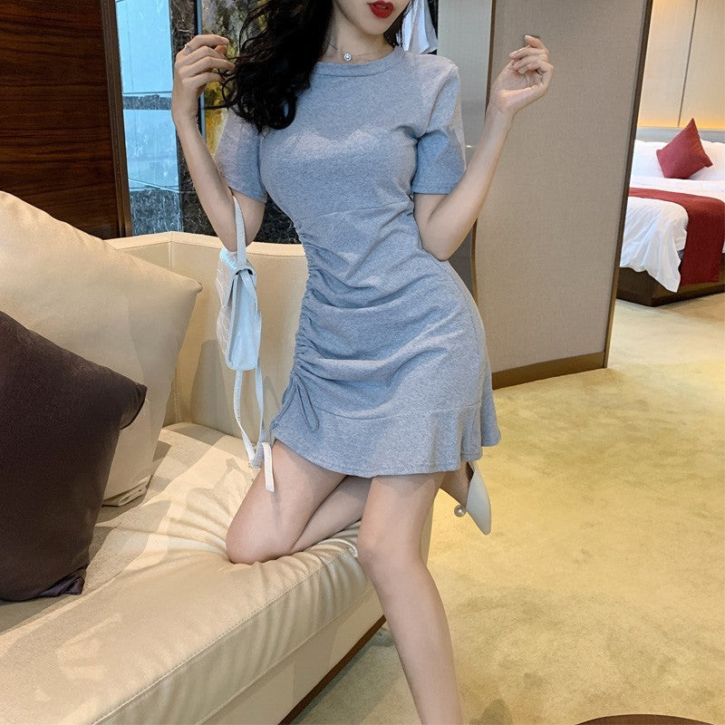 Ruffled Drawstring Dress New Short-Sleeved Sexy Dress Female High-Waist Short Skirt