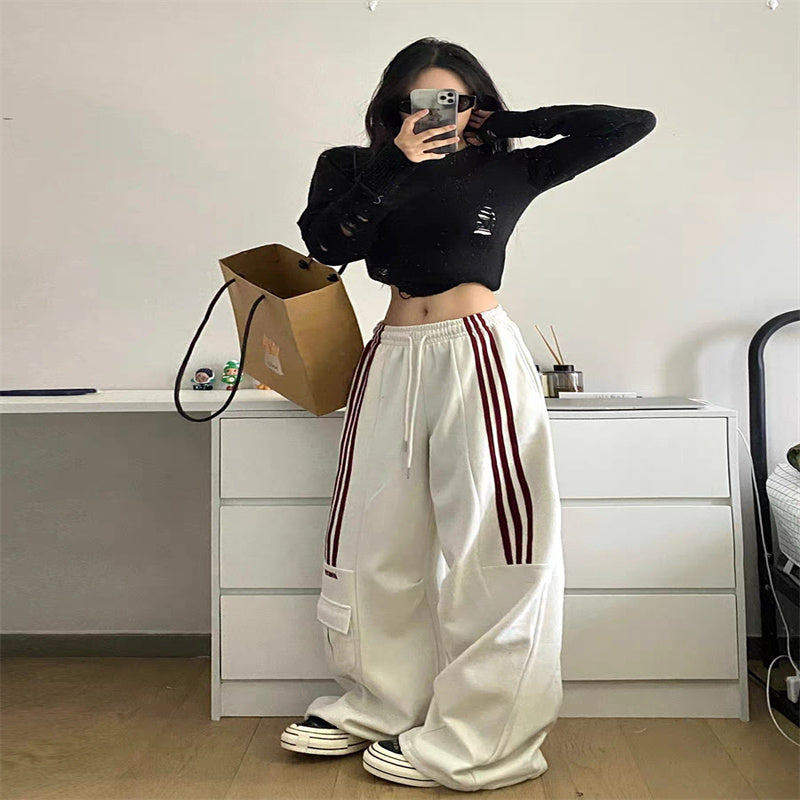 Retro Three Bars Casual Sports Pants Female Wide Leg Sweatpants