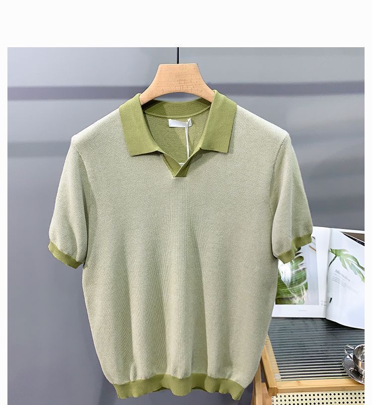 Men's Ice Silk Knitted Trendy Niche Contrast Color Lapels Short Sleeve