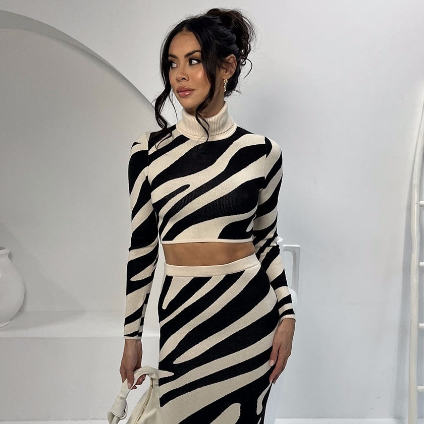 Long Sleeve Turtle Neck Knitted Zebra Croptop Coordinate with Fitted Long Skirt