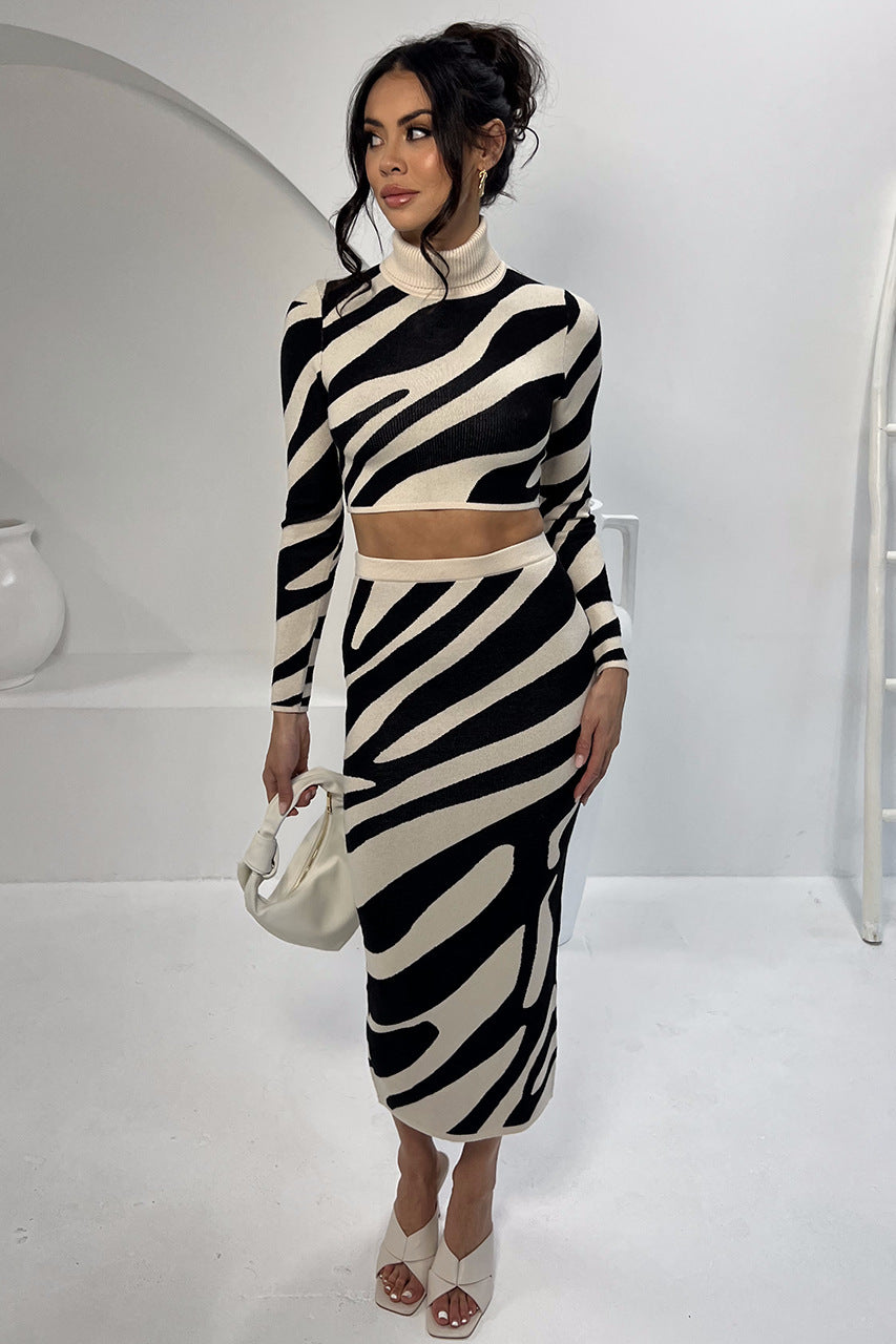 Long Sleeve Turtle Neck Knitted Zebra Croptop Coordinate with Fitted Long Skirt