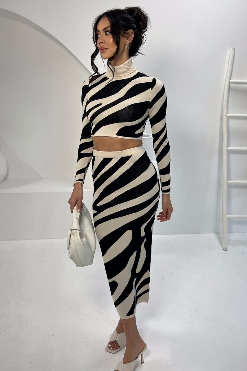 Long Sleeve Turtle Neck Knitted Zebra Croptop Coordinate with Fitted Long Skirt