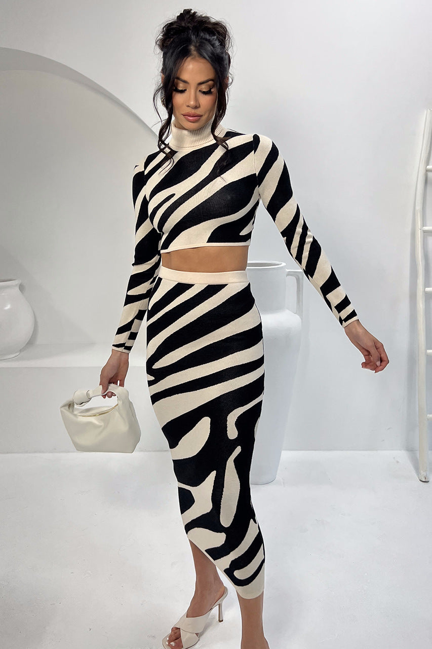 Long Sleeve Turtle Neck Knitted Zebra Croptop Coordinate with Fitted Long Skirt