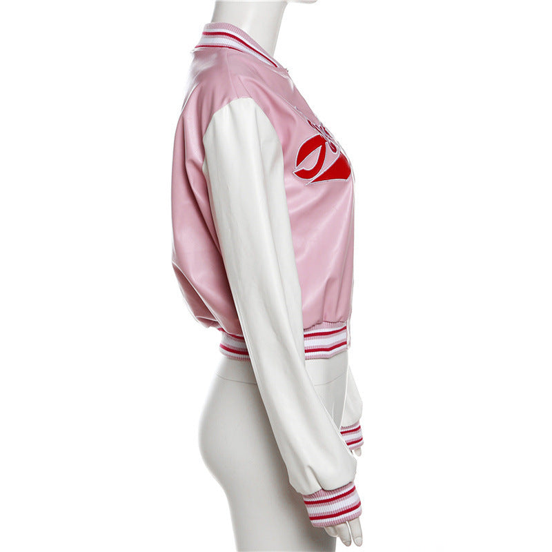 Embroidery Contrast Color Slim Fit Patchwork Jacket Baseball Uniform Jacket