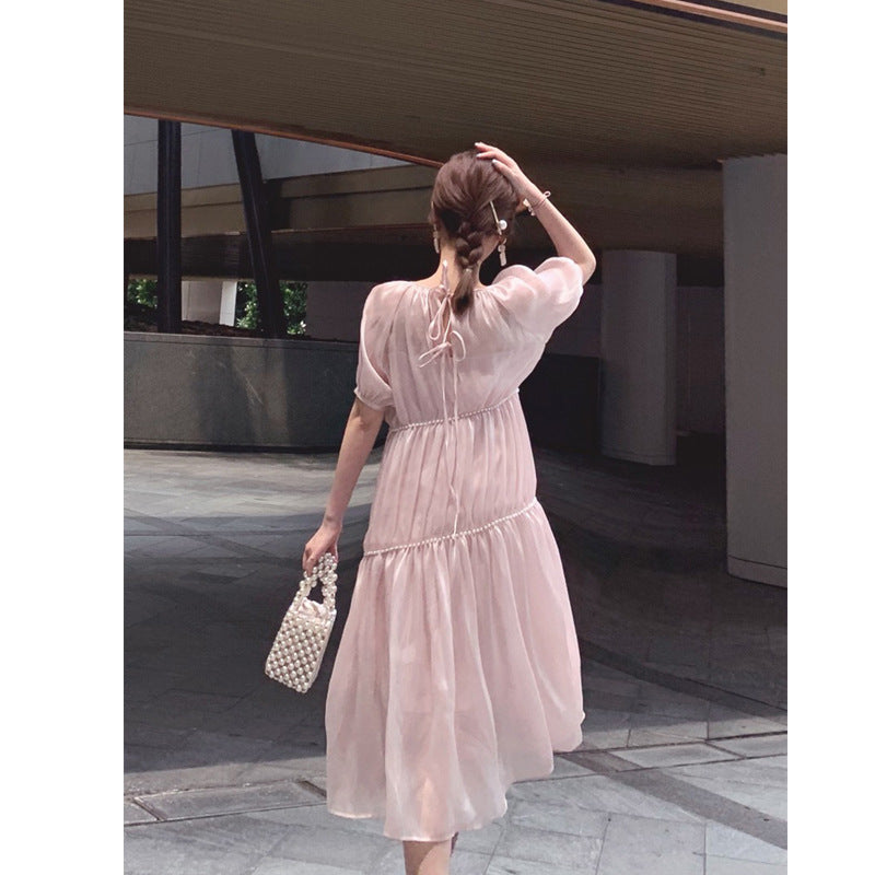 Elegant Satin Pearl Strap Pink Dress