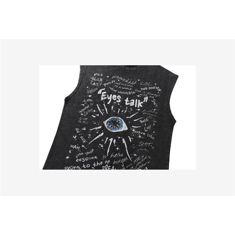 Retro Design Graffiti Sleeveless T-shirt Loose Leisure Washed-out Vest Distressed