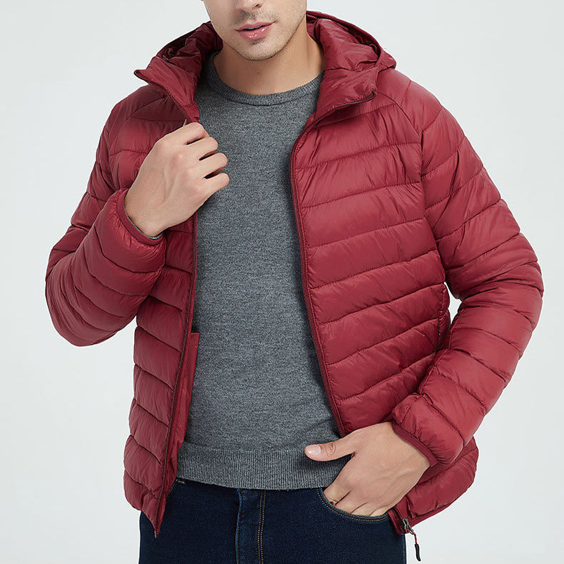 Men's Lightweight Hooded Coat Winter Warm Solid Color Zipper Jacket Fashion Portable Outerwear Top Clothing