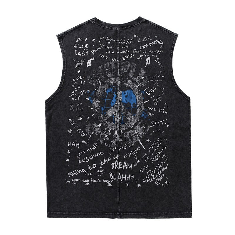 Retro Design Graffiti Sleeveless T-shirt Loose Leisure Washed-out Vest Distressed