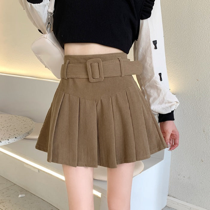 Buckled Mini Skirt Pleated Corduroy Half Women's Autumn A-line