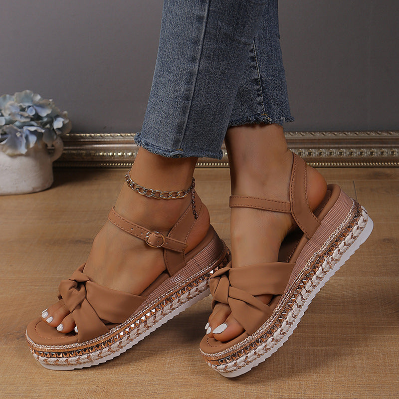 Fashion Flat Hemp Rope Open Toe Sandals With Buckle Cross Bow