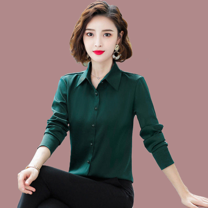 Dark Green Simple Shirt Women's Long-sleeved Slim-fit Long-sleeved White Shirt