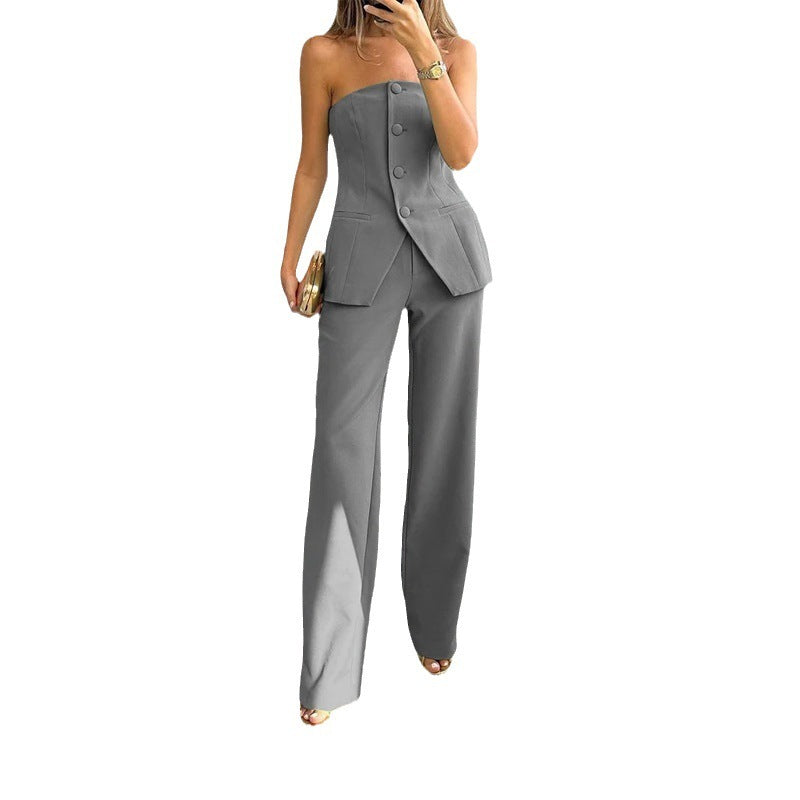 Casual Fashion Tailored Suit Button Graceful Tube Top Suit Pants