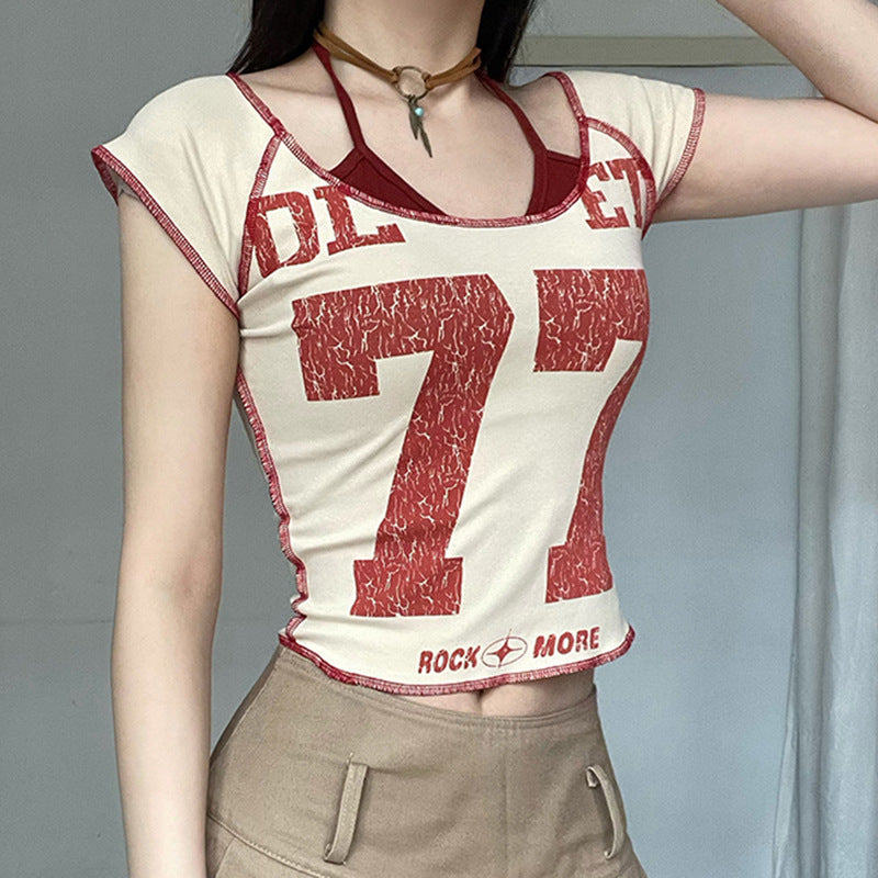 Female Shoulder Letter Printed Neck Strap Fake Two Piece Set