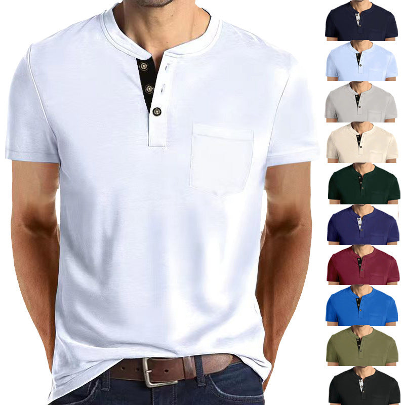 European And American Men's Short Sleeve Button Pocket