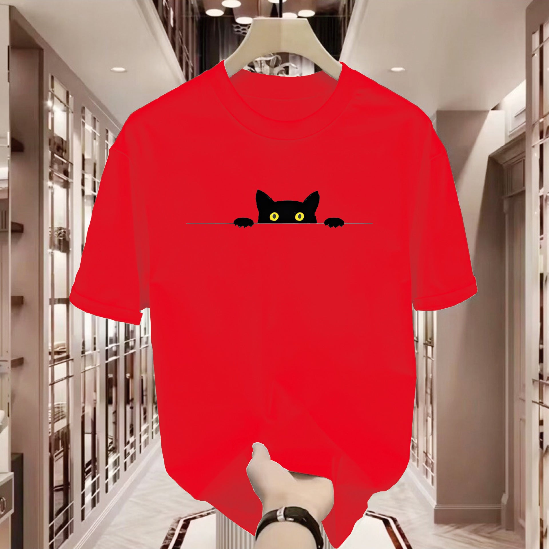 Cute Cat Print Round Neck T-shirt Short Sleeve