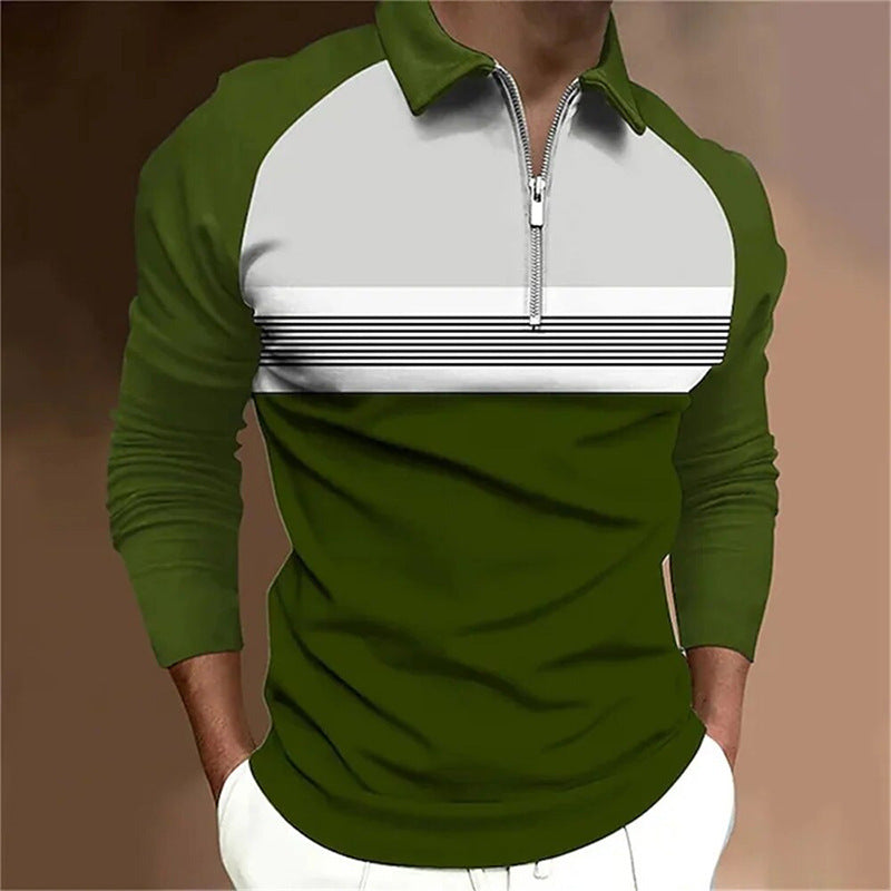 Men's Polo Shirt Long Sleeve Color Matching Zipper T-shirt Top