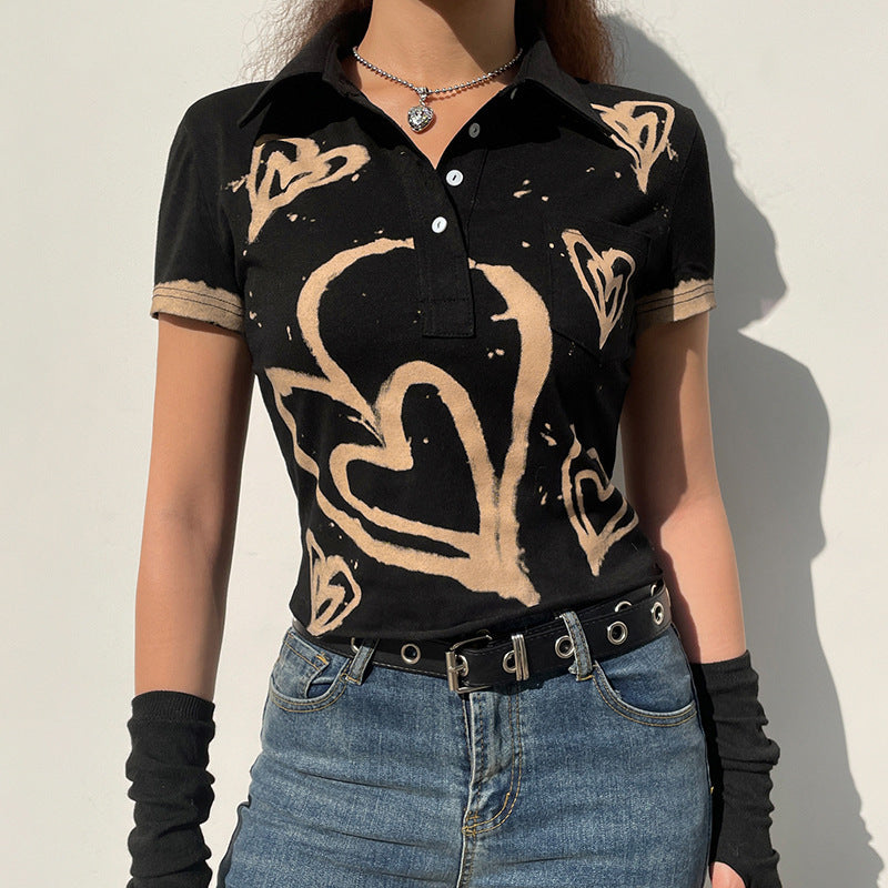 Vintage Fashion Heart Printing Short Sleeve T-shirt Turn Down Collar Streetwear Crop Top