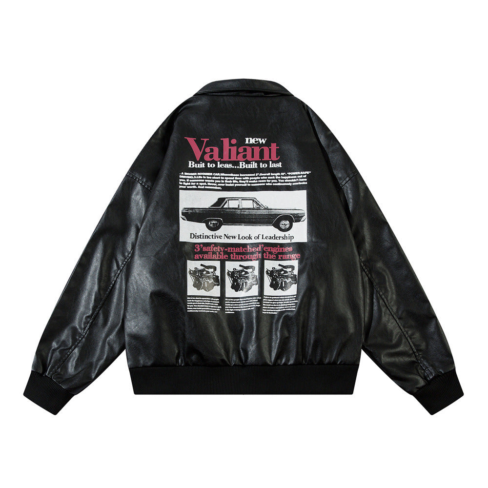 European And American-style Car Printing PU Leather Jacket Coat