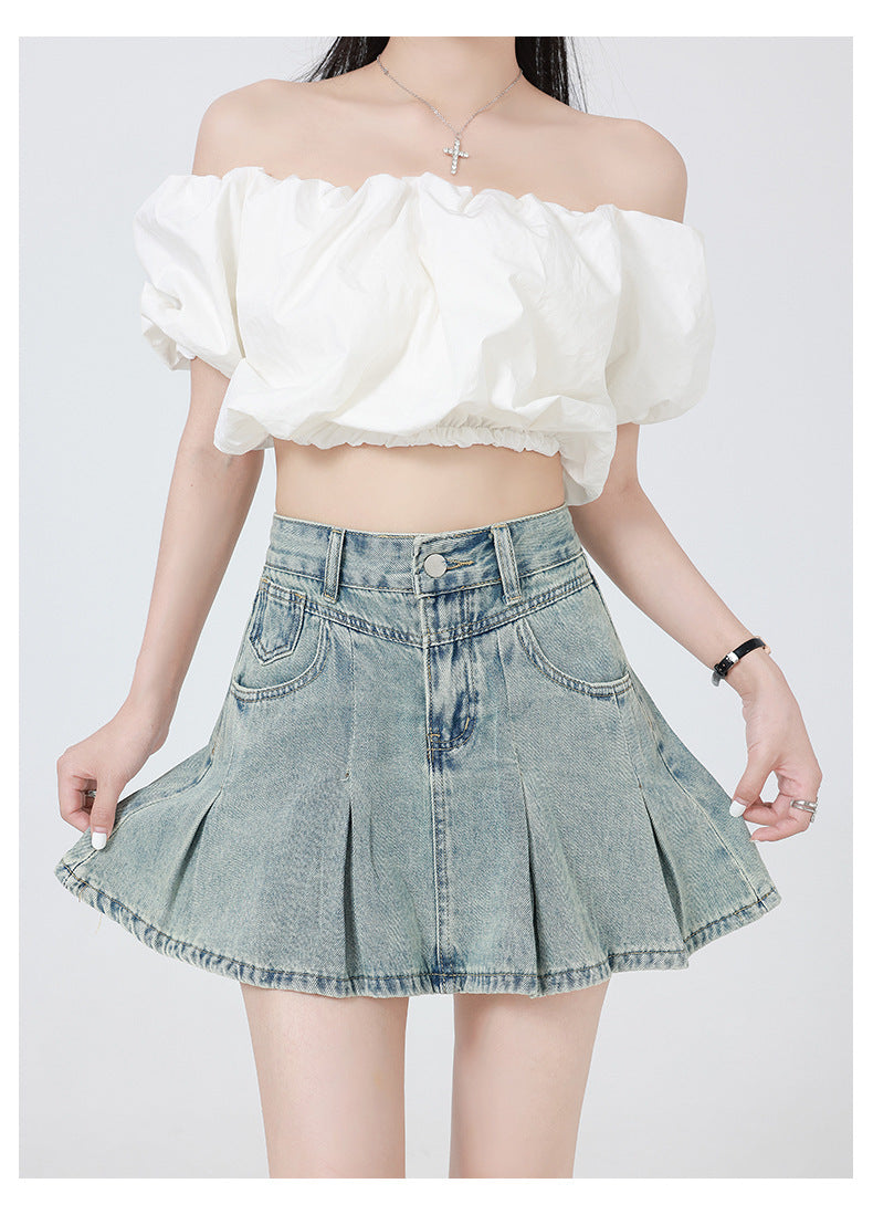 Retro High Waist Slimming Light Blue Denim Pleated Skirt