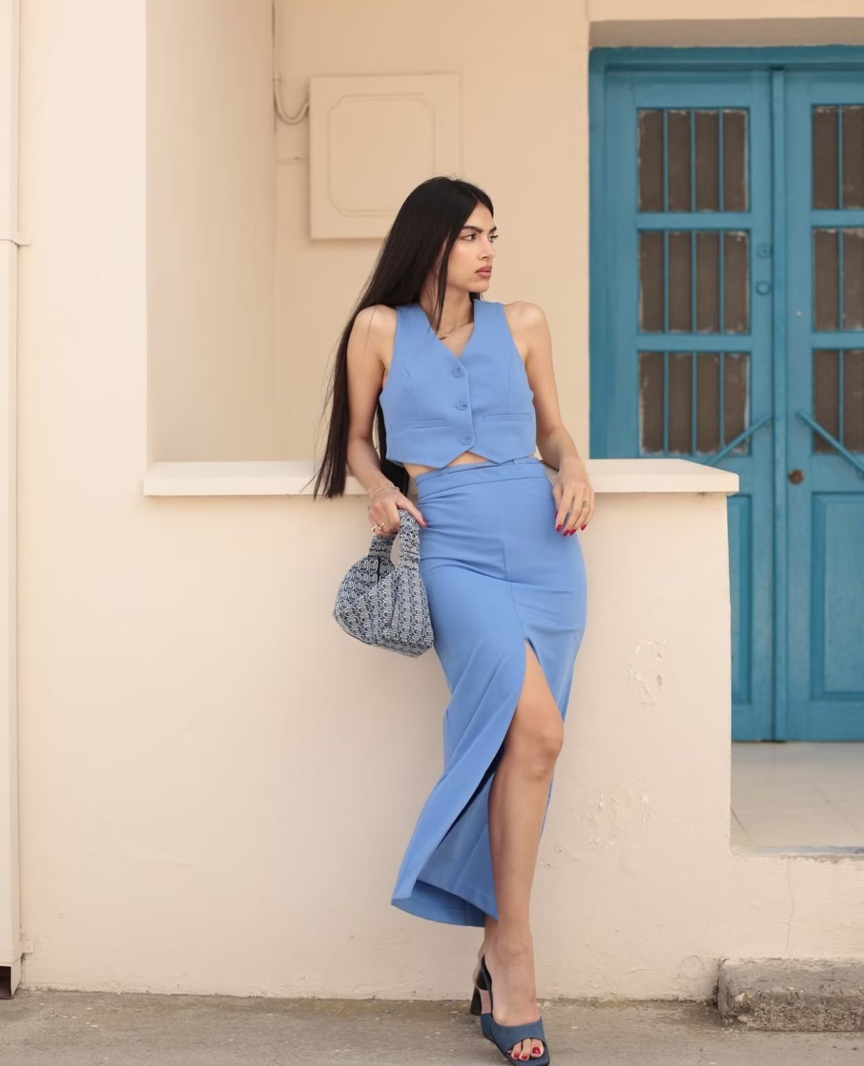 Women's Sky Blue Vest Skirt Two-piece Suit