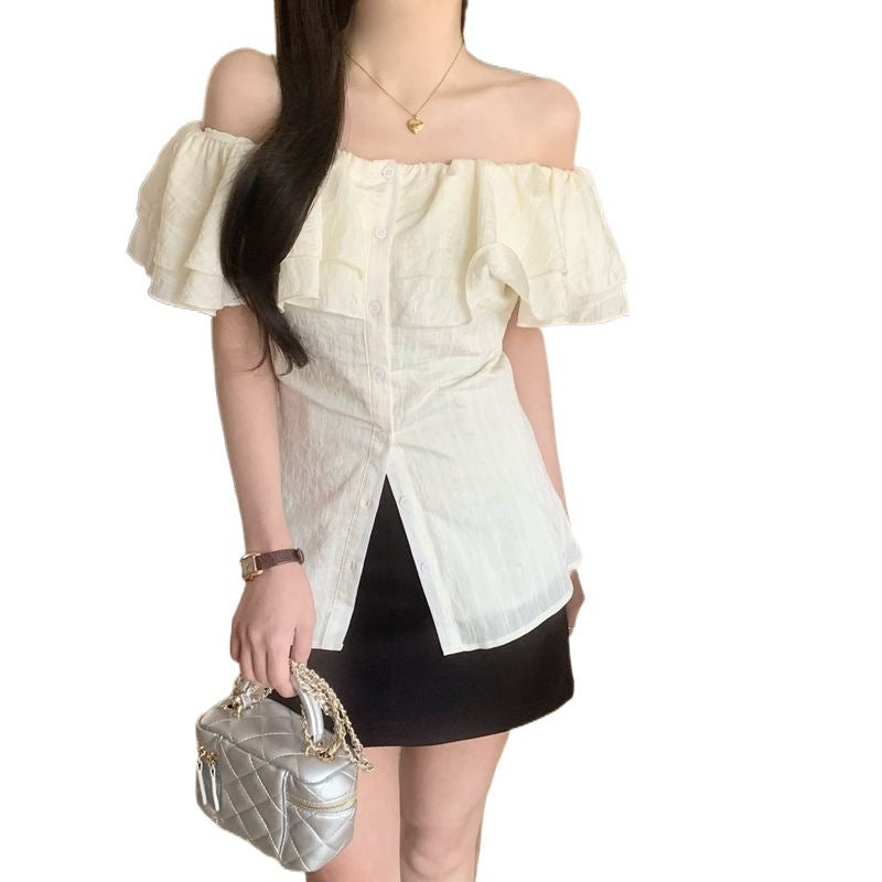 French Style Design Ruffled Off-shoulder Shirt