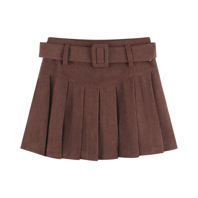 Buckled Mini Skirt Pleated Corduroy Half Women's Autumn A-line