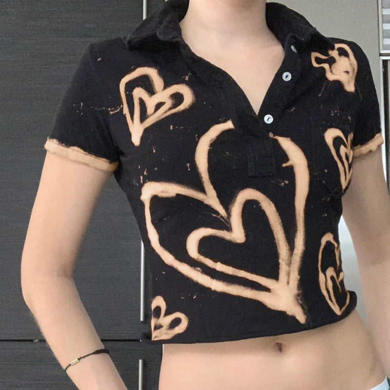 Vintage Fashion Heart Printing Short Sleeve T-shirt Turn Down Collar Streetwear Crop Top