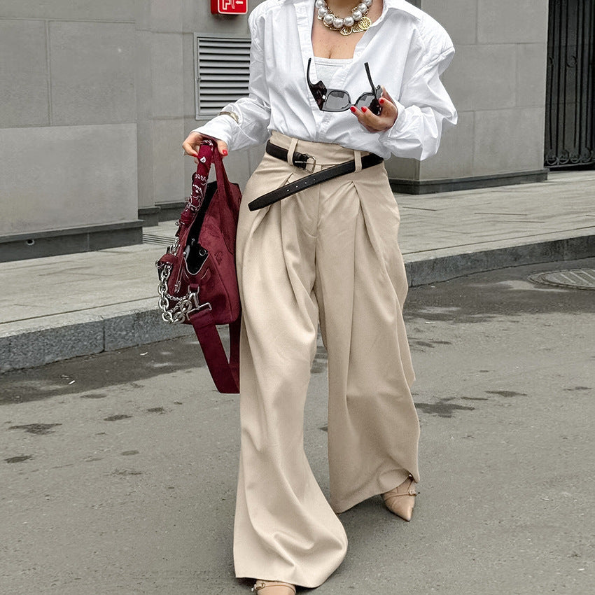 Solid Color High Waist Casual Wide Leg Trouser Pants