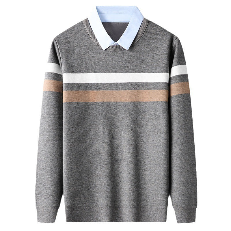 Men's False Two Pieces Shirt Collar Striped Sweater