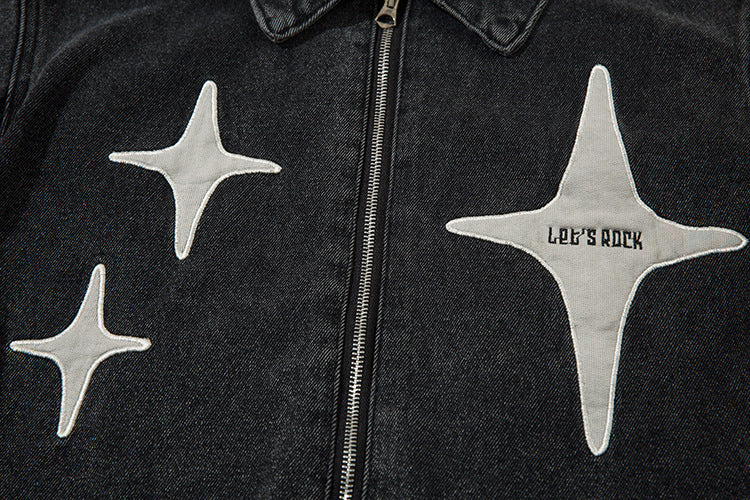 American Street Retro Twinkling Star Patch Washed Denim Jacket