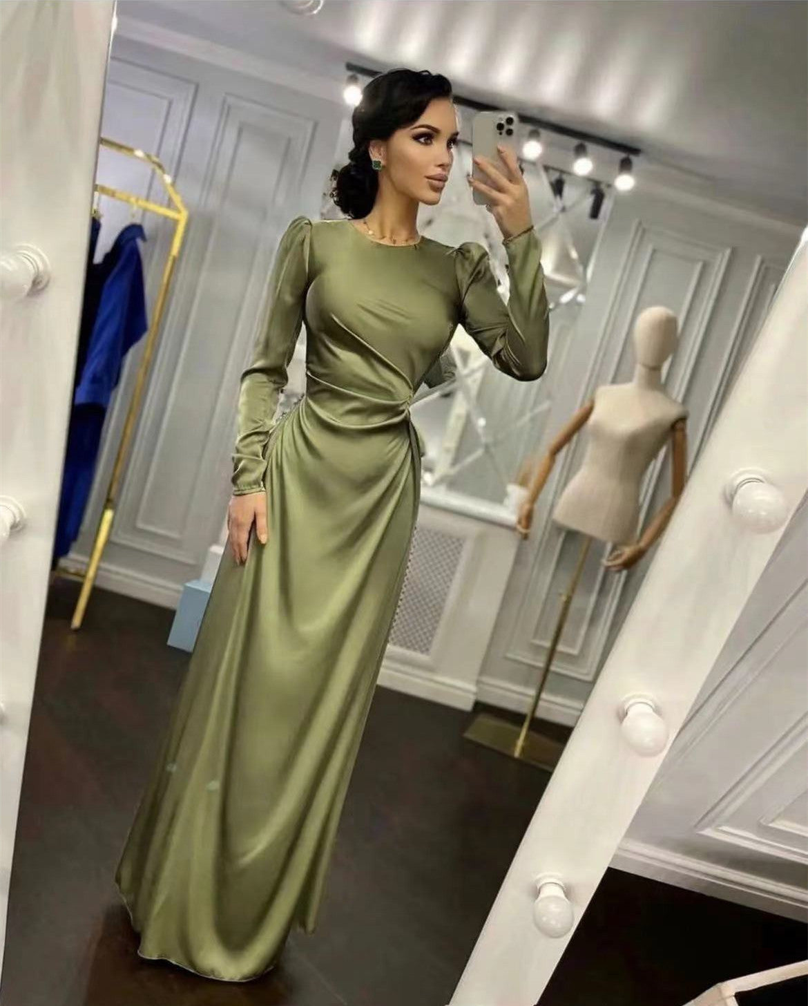 Silk Elegant Cocktail Long Sleeve Dress With Slit