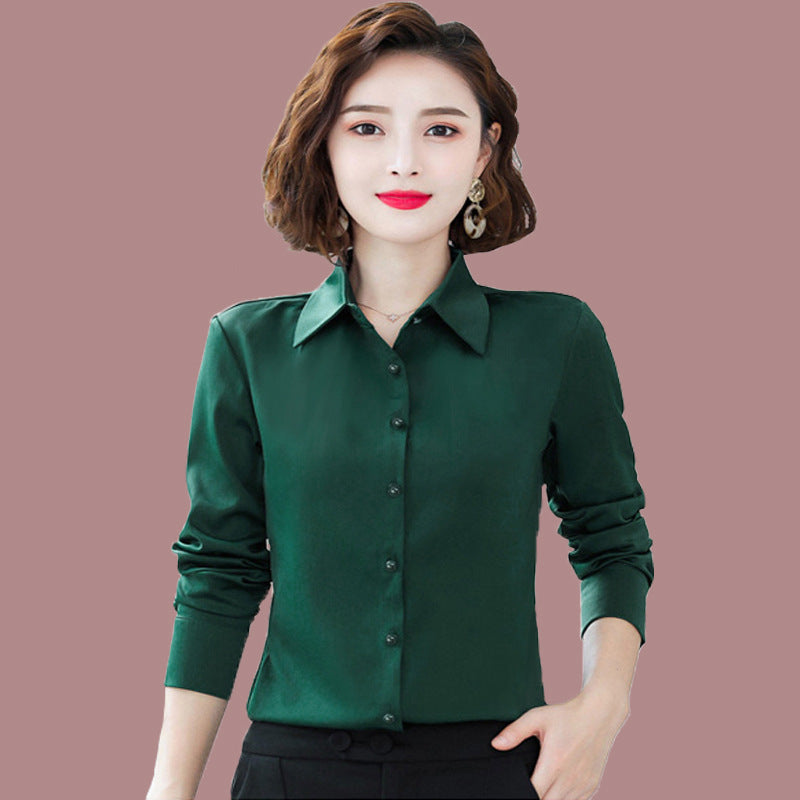 Dark Green Simple Shirt Women's Long-sleeved Slim-fit Long-sleeved White Shirt